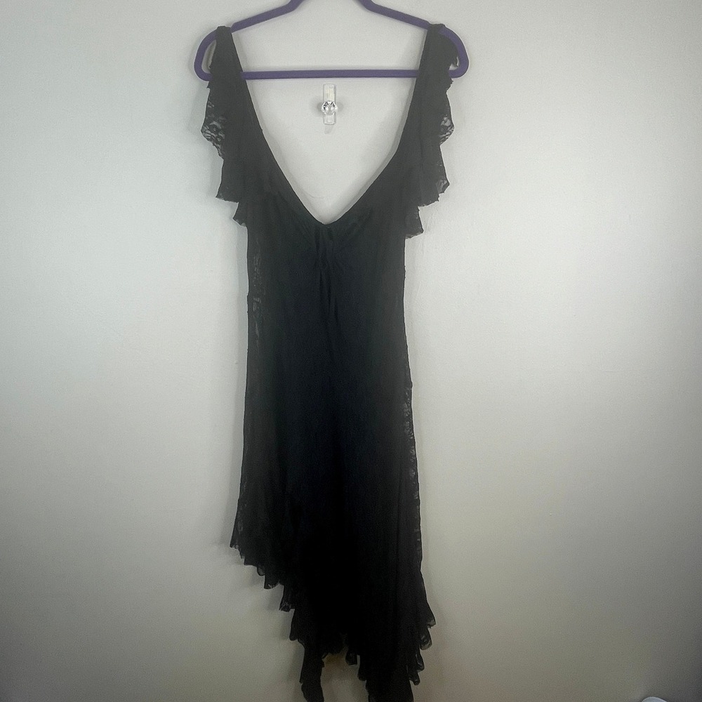 Y2K Whimsigoth Fairy Dress Medium Black Asymmetric Lace Ruffle Flowy Tango Salsa